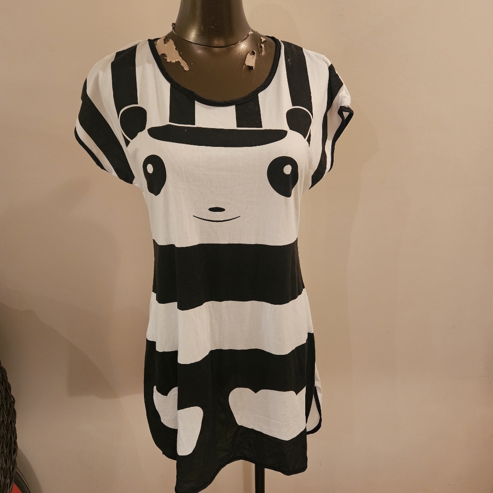Black and White Striped Panda Graphic Night Gown